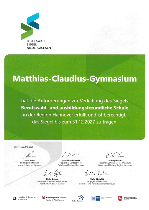 Berufswahl- und ausbildungsfreundliche Schule Berufswahl- und ausbildungsfreundliche Schule © Matthias-Claudius-Gymnasium