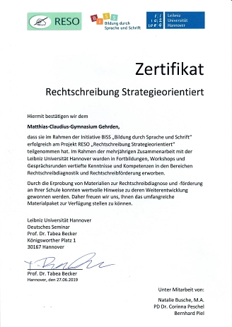 BISS Zertifikat 2019&nbsp;&copy;&nbsp;Matthias-Claudius-Gymnasium