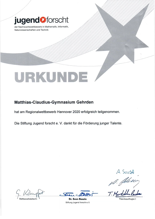 jugend forscht Urkunde 2020&nbsp;&copy;&nbsp;Matthias-Claudius-Gymnasium