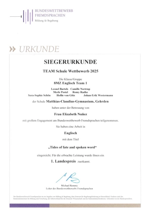 Siegerurkunde Siegerurkunde © Matthias-Claudius-Gymnasium