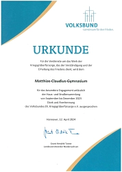 Urkunde Kriegsgräberfürsorge 2024 Urkunde Kriegsgräberfürsorge 2024 © Volksbund - Gemeinsam für den Frieden