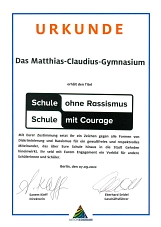 Urkunde Schule ohne Rassismus/Schule mit Courage Urkunde Schule ohne Rassismus/Schule mit Courage © Matthias-Claudius-Gymnasium